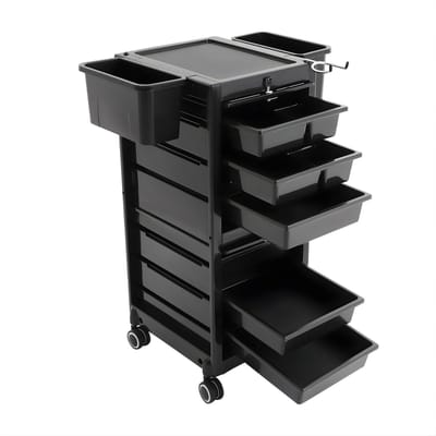 Salon Trolley met 6 Lades – 2 Deuren en Zijvakken – Rollende Beauty Trolley – PP Materiaal – Voor Kappers en Schoonheidssalon – Zwart