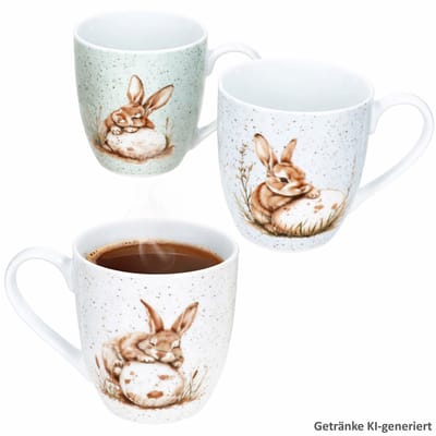 3-delig set Bunny JUMBO-bekers 500 ml elk 1x wit, groen & blauw van porselein - 428629