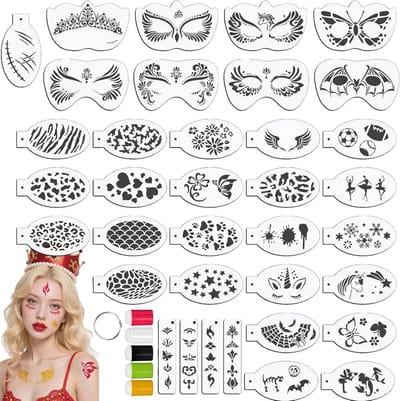 36 Herbruikbare Gezichtsschilder Stencils met 5 Vingersponsen voor Kinderen en Volwassenen, Perfect voor Halloween, Feestjes, Verjaardagen en Carnaval
