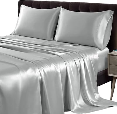 Home & Marker - Satijnen Hoeslaken Set met Kussenslopen - Zijdezacht Microvezel - Luxe Beddengoed - 150x200 cm + 2 Kussenslopen - Lichtgrijs - SILKYFIT