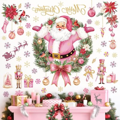 EGoods - Kerstman Muurstickers Roze Xmas Bal Sneeuwvlokken - Venster Home Party Decoratie.