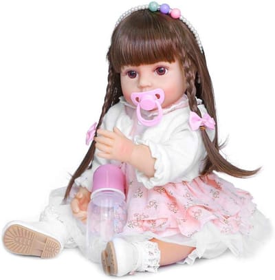 Babypop - Realistische pop - Kinderspel - Volledig lichaam siliconen - 55 cm - Bruin haar