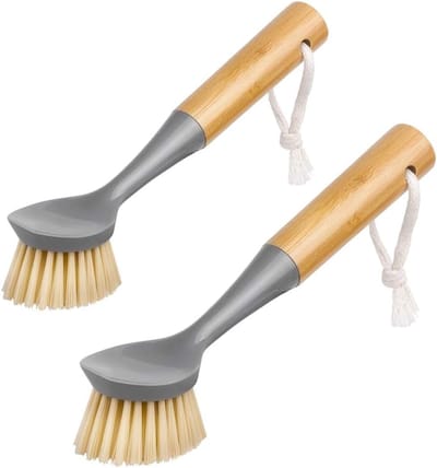 Thijox - 2-Pack Bamboe Reinigingsborstel Afwasborstel met Bamboe Handvat en Krasvrije Borstelharen voor Pannen, Potten en Keuken (Grijs)