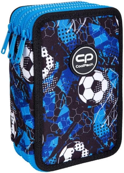 COOLPACK XXL Pennenetui Jongens Groot 44-Delig Met Opnaaibare Schooletui 3 Verdiepingen - Motief: Soccer, Voetbal (E67553) - Blauw, Geometrische Stijl