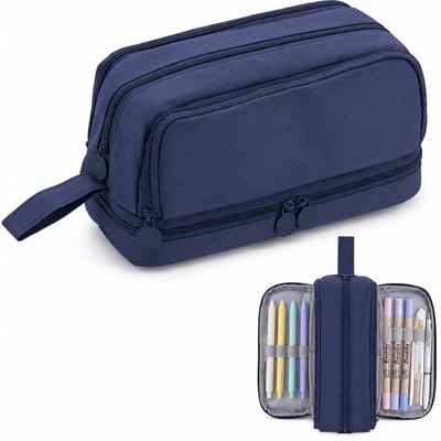 Etui, Grote Etui met 4 Vakken, Etui voor Schoolbenodigdheden, Grote Etui met Handvat voor Kinderen, Dames, Heren, voor School en Kantoor（blauw）