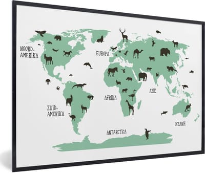 Poster in lijst kinderen - Schilderij kids - Kinderkamer wanddecoratie - Wereldkaart - Kinderen - Dieren - Groen - Kids - Jongen - Meiden - 120x80 cm