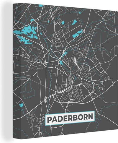 Canvas Schilderij Blauw – Duitsland – Plattegrond – Stadskaart – Kaart – Paderborn - 20x20 cm - Wanddecoratie