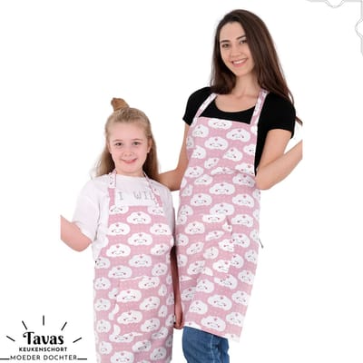 Pedra Moeder Dochter Kookschort | Keukenschort voor Kinderen en Moeder | Kinderschort - Moederschort - Wolken | Kookschort met zakken | Keukenschort dames | cadeutje- kado