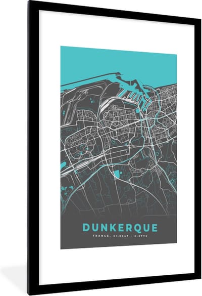 Fotolijst incl. Poster - Frankrijk - Kaart - Dukerque - Stadskaart - Plattegrond - 60x90 cm - Posterlijst