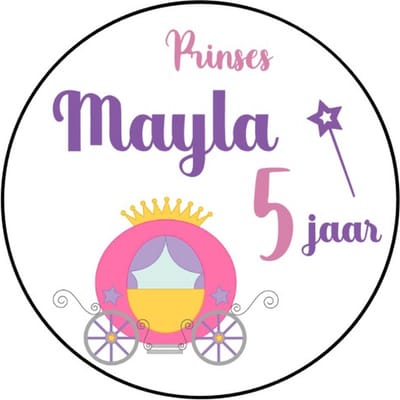 20x Koets Stickers Met Naam en Leeftijd - Princess - Gepersonaliseerd - Sluitstickers - Kinderfeest Traktatie - Uitdelen - Uitdeeltraktatie - Wensetiket - Rond - 40mm - Glossy sticker