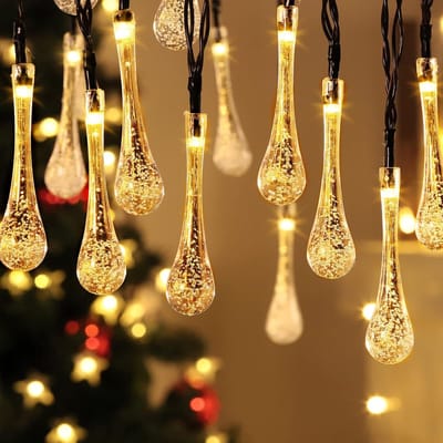 Solar Lights Outdoor Tuin Waterdicht Zonne - energie Water Drop String Light Fairy Light Icicle Kerstverlichting Festoen Lichten voor Boom Bruiloft Festival (Warm Wit - 6,3 m - 30 LEDs)