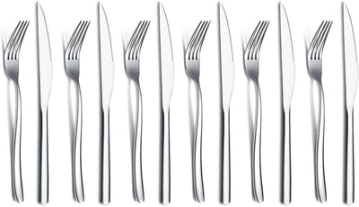 Steakmessenset 12 Delig, Premium Roestvrij Staal 6 Dinervorken En 6 Dinermessenset, Steakmessen Steakvorken Voor 6 Personen, Spiegelglans, Vaatwasmachinebestendig (Glanzend Zilver)