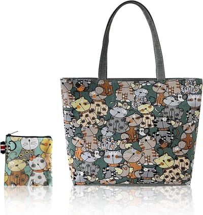 Allecto Plus - Kattentas: Ruime esthetische tote bag met ritssluiting en binnenzak, schoudertas voor dames, herbruikbare boodschappentas, 42 x 30 cm