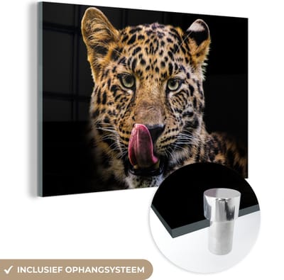 MuchoWow® Glasschilderij 60x40 cm - Schilderij acrylglas - Luipaard - Zwart - Close up - Foto op glas - Schilderijen