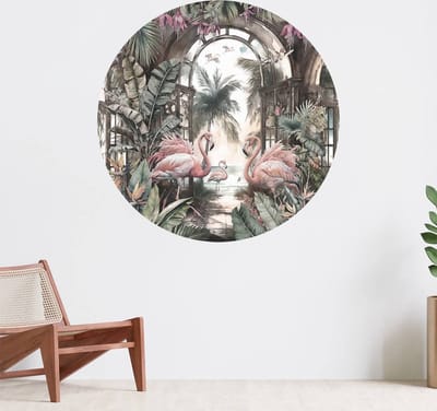 Muurcirkel zelfklevend behang - Oranjerie Flamingo Paradijs - Wanddecoratie - 080cm behangcirkel - Ronde sticker voor aan de muur - Behangsticker verkrijgbaar in verschillende formaten