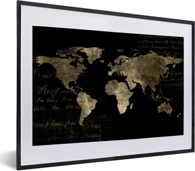 Poster in lijst - Fotolijst 60x40 cm - Posters - Wereldkaart - Goud - Vintage - Posterlijst zwart - Decoratie - Wanddecoratie woonkamer - Muurdecoratie slaapkamer