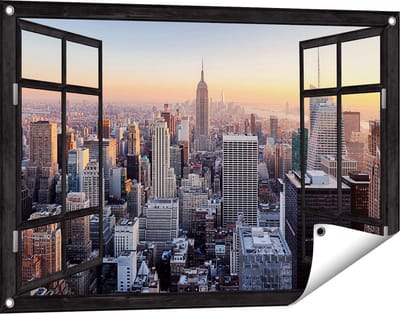 Gards Tuinposter Doorkijk New York Skyline met Wolkenkrabbers - 90x60 cm - Tuindoek - Tuindecoratie - Wanddecoratie buiten - Tuinschilderij