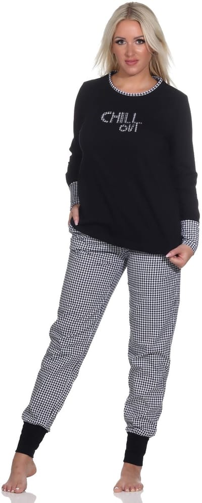 Normann Dames Pyjama Lange Mouwen met Manchet, Pepita Look Broek, Front Print Top