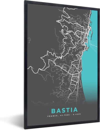 Fotolijst incl. Poster - Kaart - Bastia - Plattegrond - Plattegrond - Stadskaart - 40x60 cm - Posterlijst