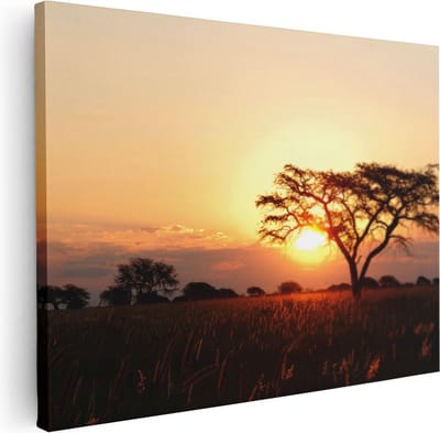 Artaza Canvas Schilderij Boom Afrika - 40x30 cm - Klein - Muurdecoratie Zonsondergang - Wanddecoratie Natuur - Kamer Accessoires