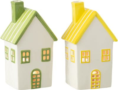 J-Line theelichthouder Huis Dolomiet - keramiek - geel/groen - 2 stuks