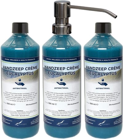 Handzeep Crème Eucalyptus 500 ml - set van 3 stuks - met gratis RVS zilverkleurige pomp - Voordeelverpakking