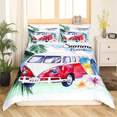 Happy Camping Dekbedovertrek King, Zomer Kamperen Decoratie Beddengoed Voor Jongen Tieners Familie, Strandvakantie Stijl Dekbedovertrek Set 135x200cm 2pcs