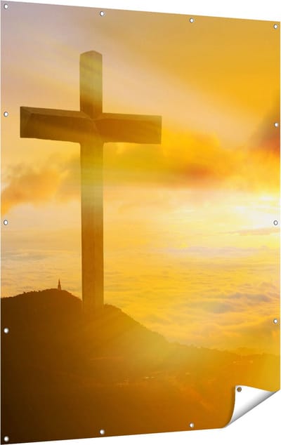Gards Tuinposter Kruis van Jezus Christus bij Zonsondergang - 120x160 cm - Tuindoek - Tuindecoratie - Wanddecoratie buiten - Tuinschilderij