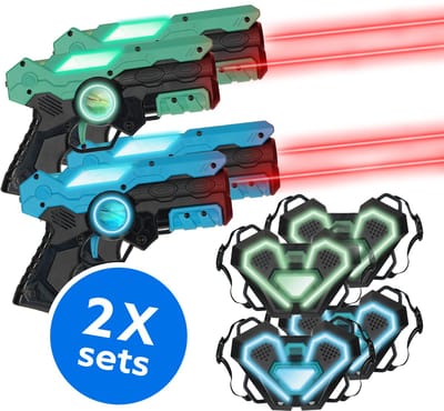 Silvergear Lasergame Set voor Kinderen 2-pack met 4 Laserguns en 4 Vesten - Interactief Speelgoed Pistool 50m Bereik - Schietspel - Laser Tag Battle - Buitenspeelgoed - Cadeau voor Jongens en Meisjes - Vanaf 6 Jaar - Blauw en Groen