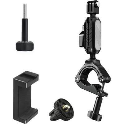 Camera Mount Klem Mount Fietsstuur Adapter Mount met Dual 360 graden Draaibare Balhoofd met with phone clip zwart