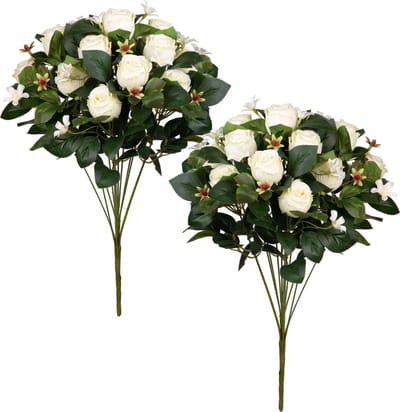 Louis Maes Kunstbloemen boeket rozen/bloesem met bladgroen - 2x - wit - H49 cm - Bloemstuk