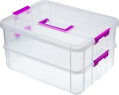 Stapelenbare Opbergdozen met 2 Niveaus, Verstelbare Plastic Opbergcontainers met Handvat, Transparante Organizers voor Knutselspullen, Speelgoed en Naaibenodigdheden in Paars