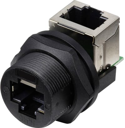 TRU COMPONENTS TC-E13T-FR6-PRF-90 RJ45-bus naar bus (90°) aan de achterkant gemonteerde bus IP67 (met schroefdraad) TC-