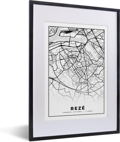 Fotolijst incl. Poster Zwart Wit- Rezé - Stadskaart - Plattegrond - Kaart - Frankrijk - Zwart wit - 30x40 cm - Posterlijst