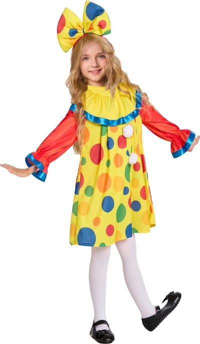 Joya Kids® Clown Verkleedjurk Meisje | Carnavalskleding Meisjes | Verkleedkleren Kind | Vrolijk Clownskostuum | Verkleed Kleren Kinderen | Incl Grote Strik Haarband | Meisjes Verkleedkleding Carnaval & Halloween | Maat 110 - 120 | 4-6 Jaar | Small