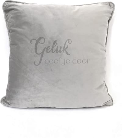 Grijs sierkussen Velours - 45x45cm - Met Tekst: Geluk Geef Je Door. Cadeau-verjaardag-bedankje.