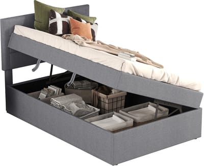 REDOM Luxe Bedbank met Zijwaartse Opbergruimte (90x200) - Linnen Look Studio Bed met Gasveer - Grijs