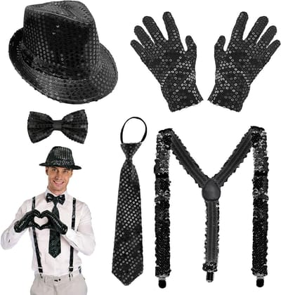 Set van 5 disco kostuums voor mannen, glinsterende accessoires, 70s stijl, inclusief hoed, handschoenen, stropdas en bretels voor carnaval en themafeesten