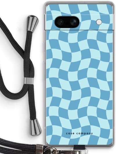 Case Company® - Hoesje met koord geschikt voor Google Pixel 7A hoesje met Koord - Grid Blauw - Telefoonhoesje met Zwart Koord - Bescherming aan alle Kanten en Over de Schermrand