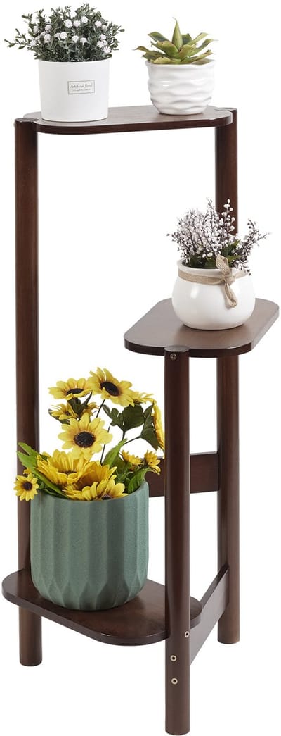 unho 3 Tier Plantenstandaards Binnen - Hoekplank Plantenstandaard - Bamboe Trap Displaystandaard voor Woonkamer Balkon Tuin Patio - Bruin