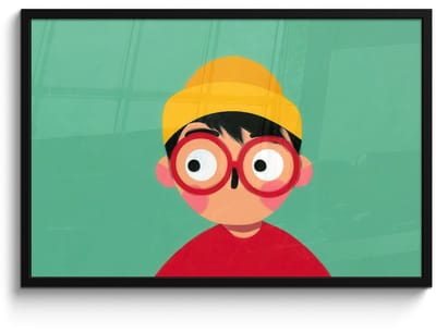 Poster in lijst - Fotolijst 90x60 cm - Posters - Jongen - Cartoon - Bril - Muts - Posterlijst zwart - Decoratie - Wanddecoratie woonkamer - Muurdecoratie slaapkamer - Kerstversiering - Kerstdecoratie voor binnen - Kerstmis