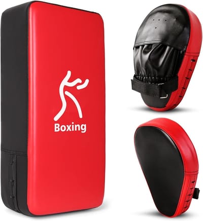 Complete Set voor Boksen en Kickboksen - Bokshandschoenen, Focus Pads en Taekwondo Kick Pad voor Training in Karate en Muay Thai - Rood, Goud en Blauw