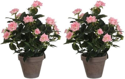 Mica Decorations Kunstplant - 2x - rozen - roze - in grijze pot - 33cm - kunst roos