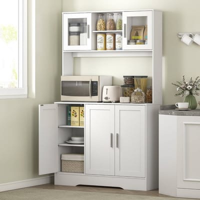 REDOM - Keukenkast - 4 kasten en 2 open vakken - Verstelbare planken - Glazen deuren - Scandinavische stijl - MDF en spaanplaat - Wit - 108 x 35 x 180 cm