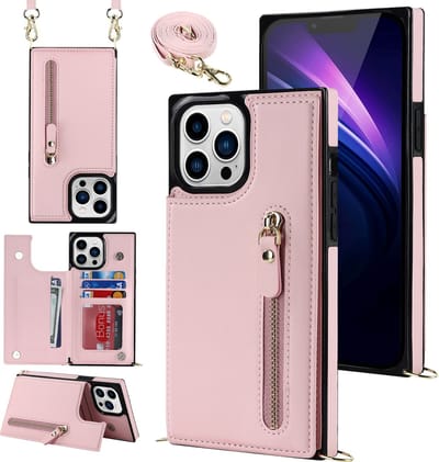 Casemania Hoesje Geschikt voor Apple iPhone 14 Pro - Roze - Luxe Back Cover met Koord / Rits - Wallet Case met Pasjeshouder - Lanyard Telefoonhoes - Cord Case
