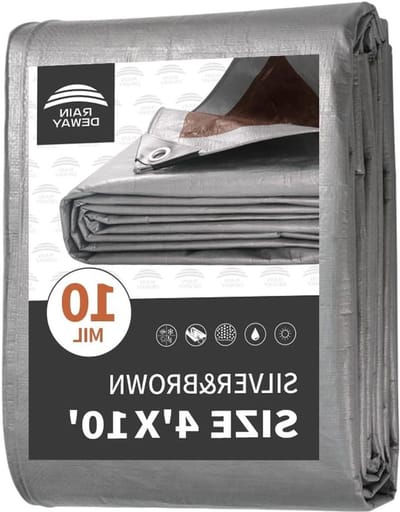 RAINDEWAY Kleine dekzeilen Heavy Duty Waterdicht 4x10 Voet, 10Mil Multifunctionele Poly Mini Tarp Cover met Metalen Doorvoertules, Camping Dekzeil Zilver/Bruin Tarp Afgewerkt Maat