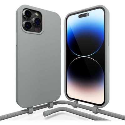 Coverzs Silicone case met koord - Telefoonhoesje met koord - Backcover hoesje met koord - touwtje - geschikt voor Apple iPhone 14 Pro - grijs