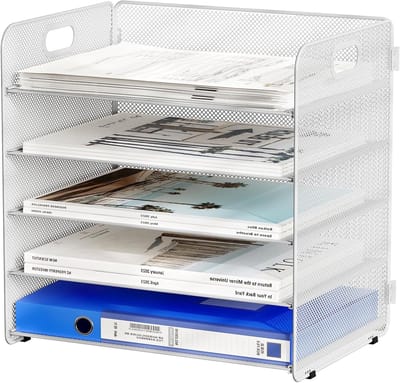 5-laags A4 Mesh Bureau Organizer voor Documenten, Tijdschriften en Kantoorbenodigdheden - Wit Desk Tidy en Bestandsopslag