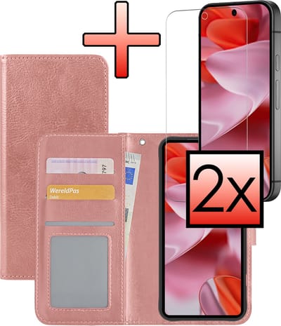Hoesje - Met 2x Screenprotector - Geschikt voor Google Pixel 9 Pro XL - Luxe Pasjeshouder - Bookcase Portemonee - Flip Case - Kunstleer Book Case - Flipcase Hoes - Book Cover - Walletcase - Portemonneehoes - Rosé goud