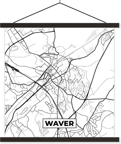 Posterhanger incl. Poster 60x60 cm - Schoolplaat - Stadskaart – Zwart Wit - Kaart – Waver – België – Plattegrond - Textielposter - Zwarte latten - Stadskaart